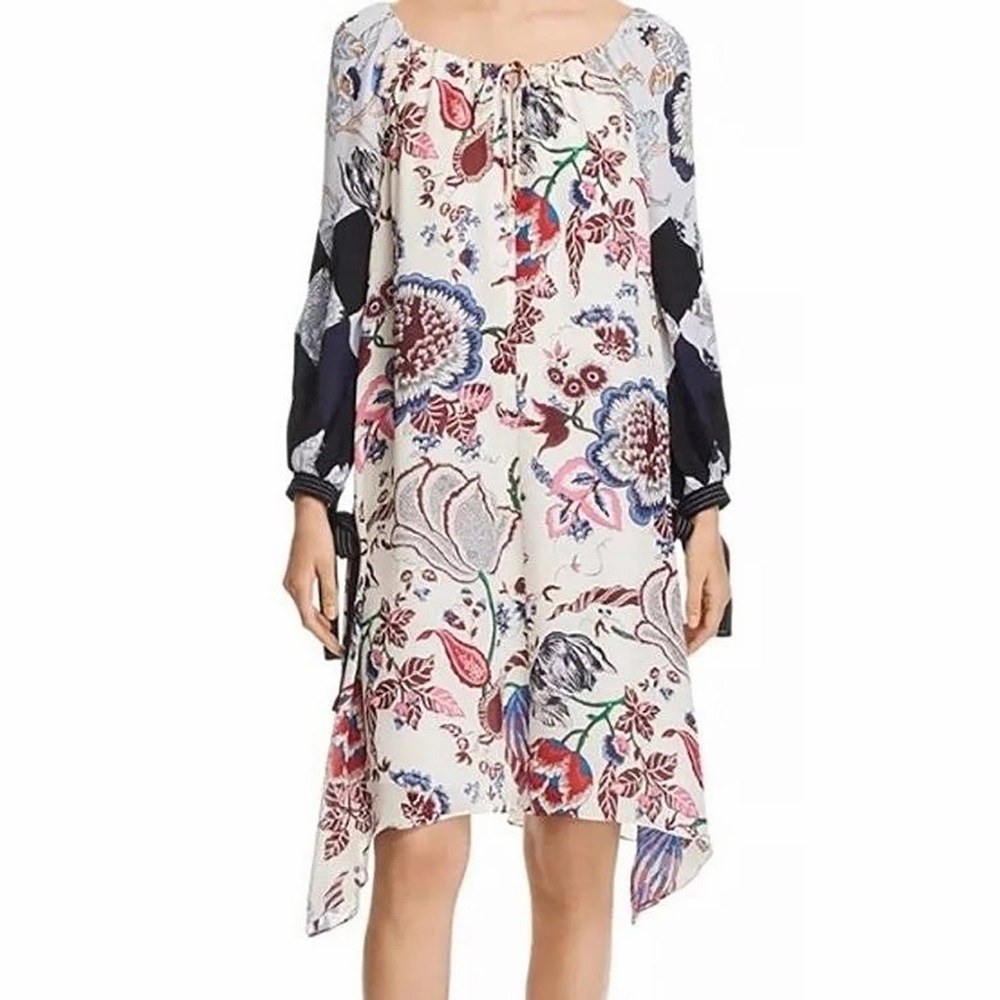 Tory Burch Happy Times Floral Mixed Print Silk Mini Dress Asymmetric Hem S